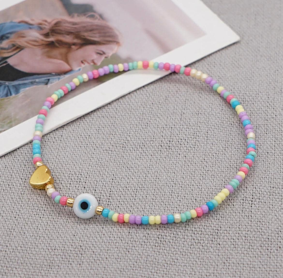Pulsera Ajustable Arcoíris con Ojo Turco y Corazón - Image 2