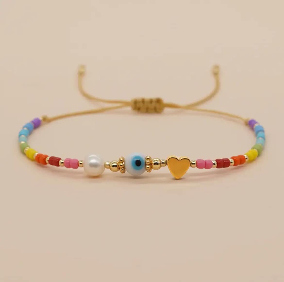 Pulsera Ajustable Arcoíris con Ojo Turco y Corazón