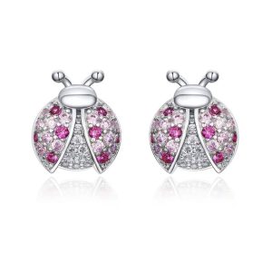 Aretes Mariquita de Plata con Circonitas Rosadas