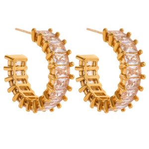 Aretes Aro Dorado con Incrustaciones de Cristal Cuadrado