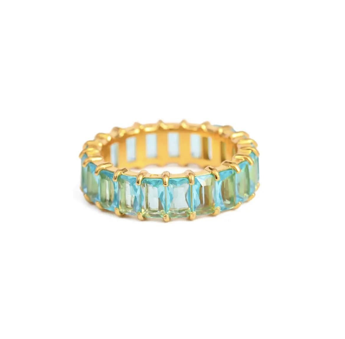 Anillo Eternity Dorado con Cristales Azul Aqua