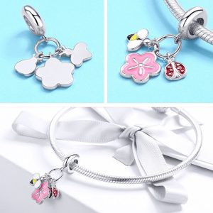 Charm Colgante Mariquita, Abeja y Flor Oro Rosa